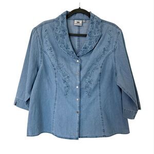 Lafei-Nier Chambray Top 3XL Plus Size Bling Cottagecore Boho Embroidered